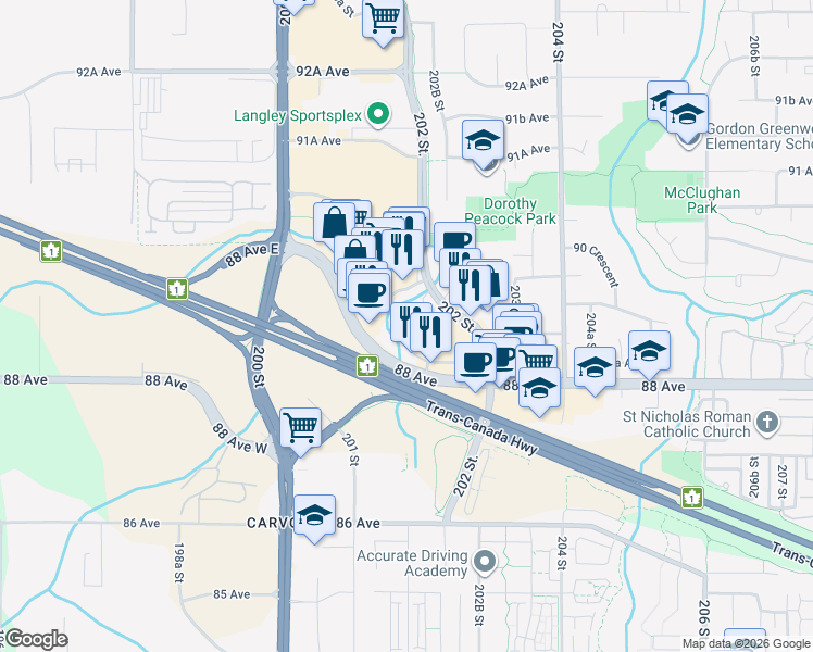 map of restaurants, bars, coffee shops, grocery stores, and more near 8929 202 Street in Langley Township