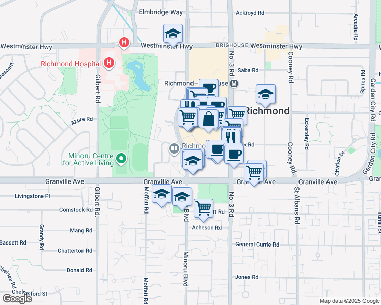 map of restaurants, bars, coffee shops, grocery stores, and more near 6808 Minoru Boulevard in Richmond