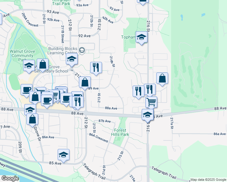 map of restaurants, bars, coffee shops, grocery stores, and more near 8895 214B Street in Langley Township