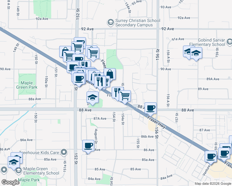map of restaurants, bars, coffee shops, grocery stores, and more near 15399 Fraser Highway in Surrey