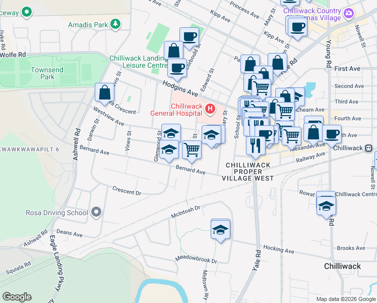 map of restaurants, bars, coffee shops, grocery stores, and more near 8933 Edward Street in Chilliwack