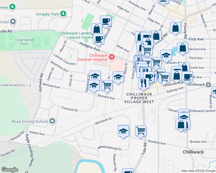 map of restaurants, bars, coffee shops, grocery stores, and more near 8933 Edward Street in Chilliwack
