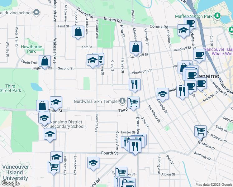 map of restaurants, bars, coffee shops, grocery stores, and more near Craig Street in Nanaimo