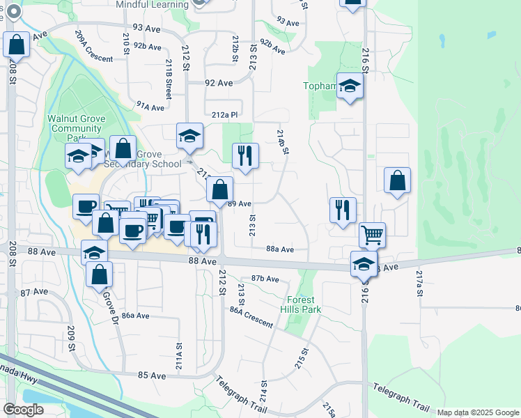 map of restaurants, bars, coffee shops, grocery stores, and more near 21350 89 Avenue in Langley Township