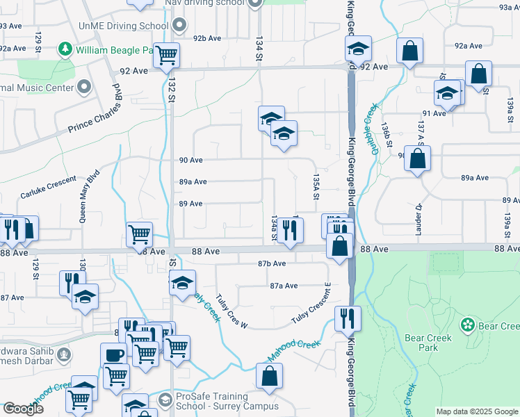 map of restaurants, bars, coffee shops, grocery stores, and more near 13398 89 Avenue in Surrey