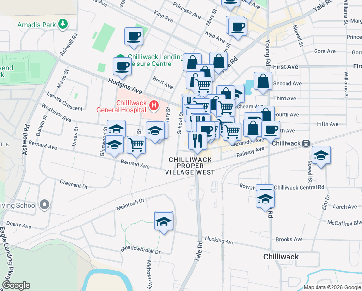 map of restaurants, bars, coffee shops, grocery stores, and more near 8910 School Street in Chilliwack