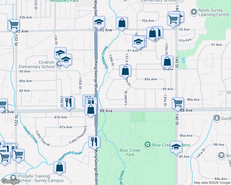 map of restaurants, bars, coffee shops, grocery stores, and more near 13718 Glen Place in Surrey