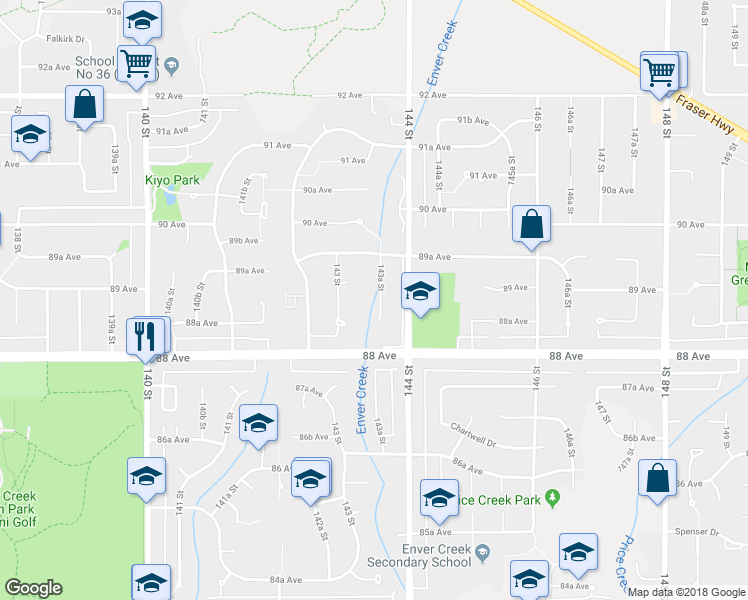 map of restaurants, bars, coffee shops, grocery stores, and more near 8873 143A Street in Surrey
