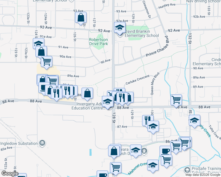 map of restaurants, bars, coffee shops, grocery stores, and more near 8899 128 Street in Surrey