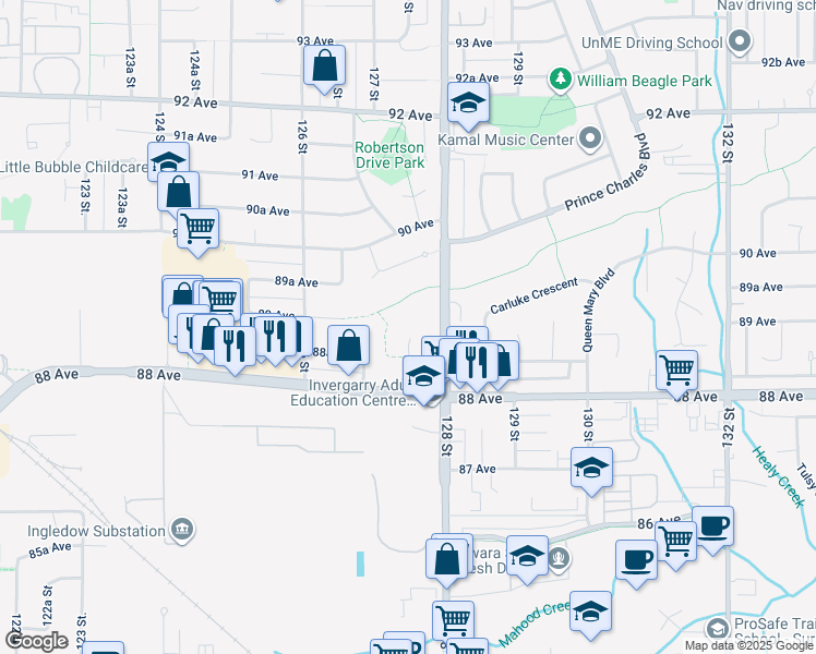 map of restaurants, bars, coffee shops, grocery stores, and more near 12725 Arran Place in Surrey