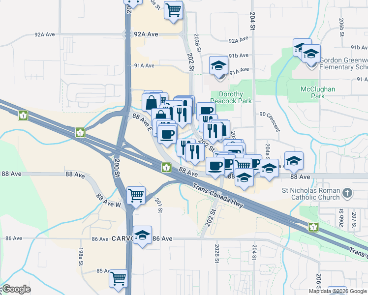 map of restaurants, bars, coffee shops, grocery stores, and more near 8929 202 Street in Langley Township