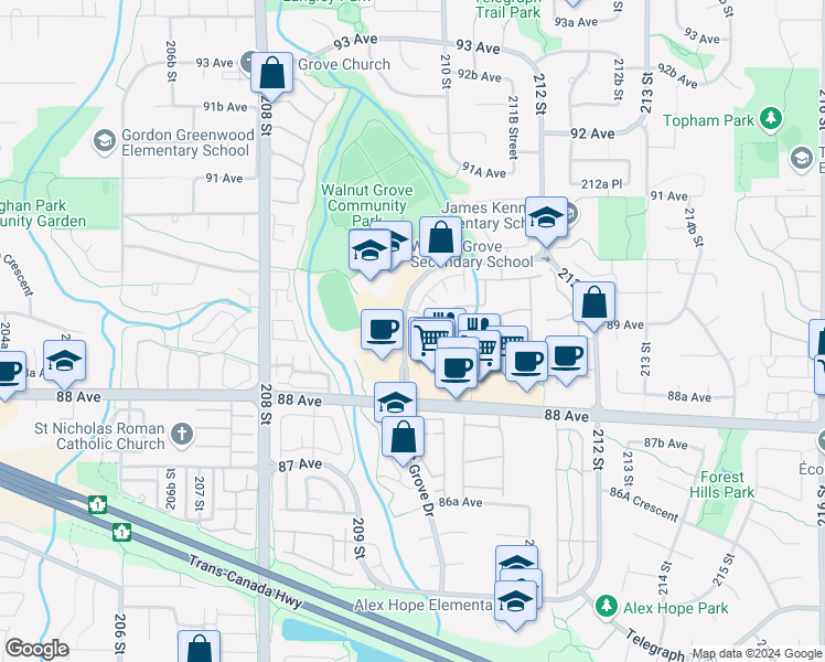 map of restaurants, bars, coffee shops, grocery stores, and more near 8890 Walnut Grove Drive in Langley City