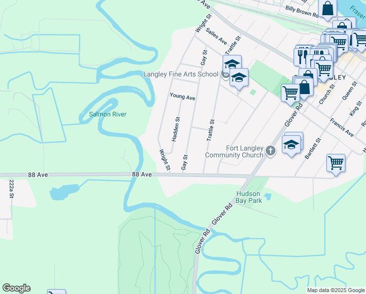 map of restaurants, bars, coffee shops, grocery stores, and more near 8887 Gay Street in Langley Township