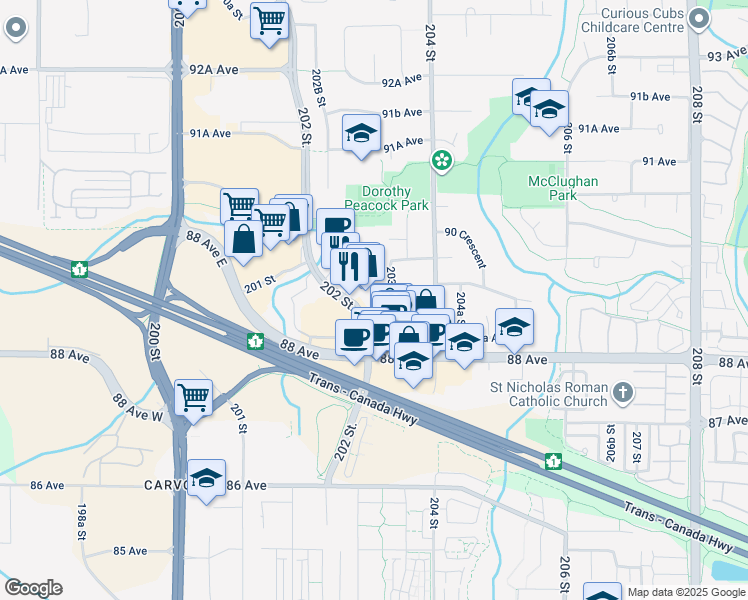 map of restaurants, bars, coffee shops, grocery stores, and more near 8410 202 Street in Langley City
