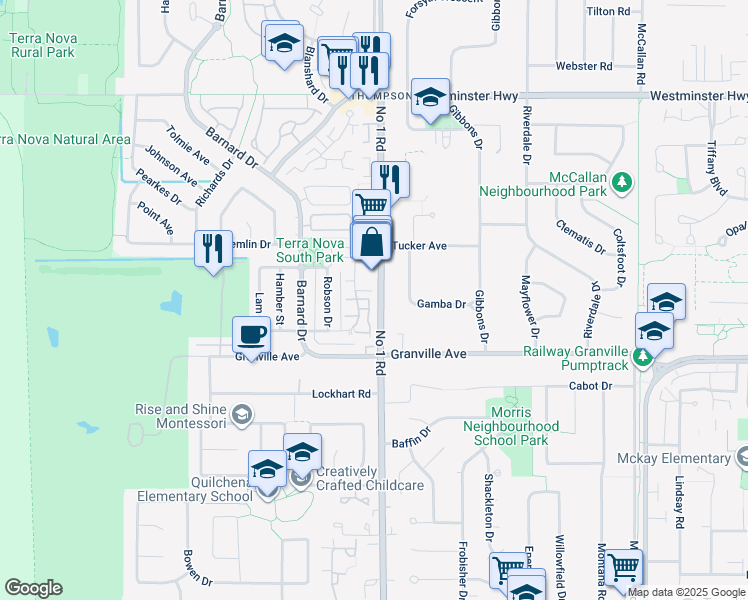 map of restaurants, bars, coffee shops, grocery stores, and more near 3711 Robson Court in Richmond