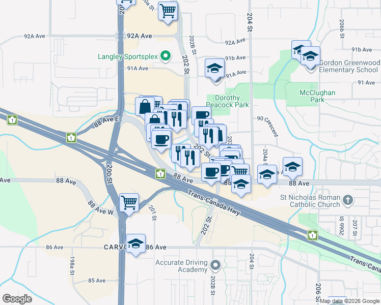 map of restaurants, bars, coffee shops, grocery stores, and more near 8915 202 Street in Langley Township