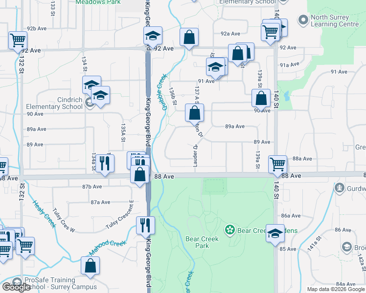 map of restaurants, bars, coffee shops, grocery stores, and more near 13718 Glen Place in Surrey