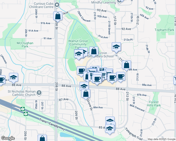 map of restaurants, bars, coffee shops, grocery stores, and more near 8890 Walnut Grove Drive in Langley Township