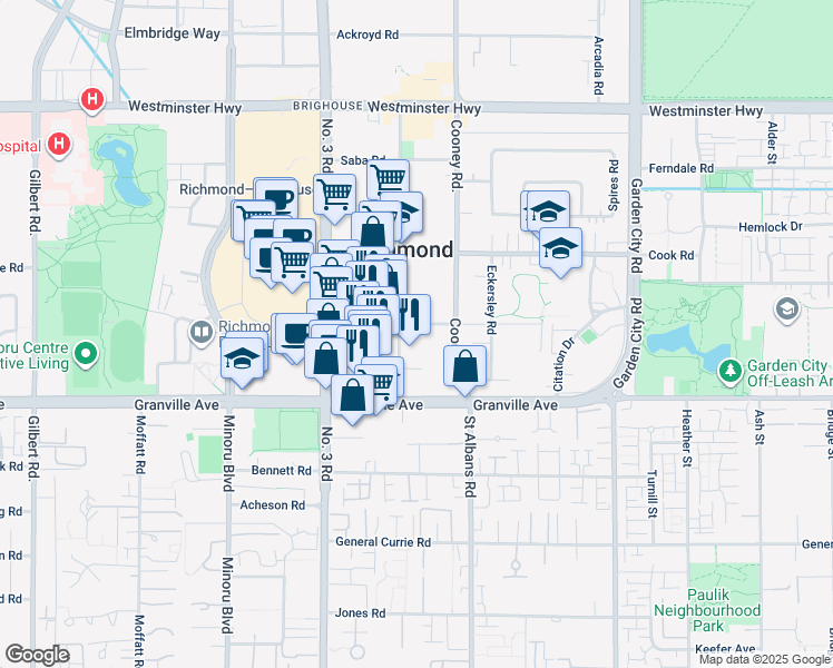 map of restaurants, bars, coffee shops, grocery stores, and more near 8200 Park Road in Richmond