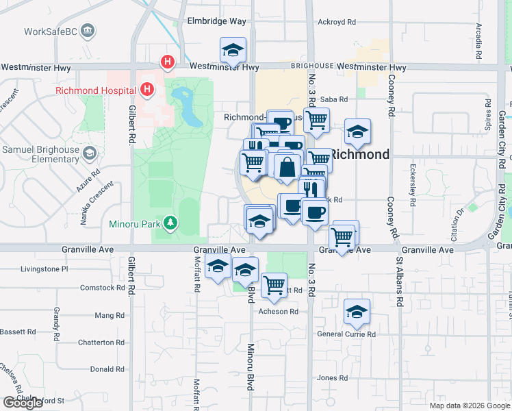 map of restaurants, bars, coffee shops, grocery stores, and more near 6788 Minoru Boulevard in Richmond