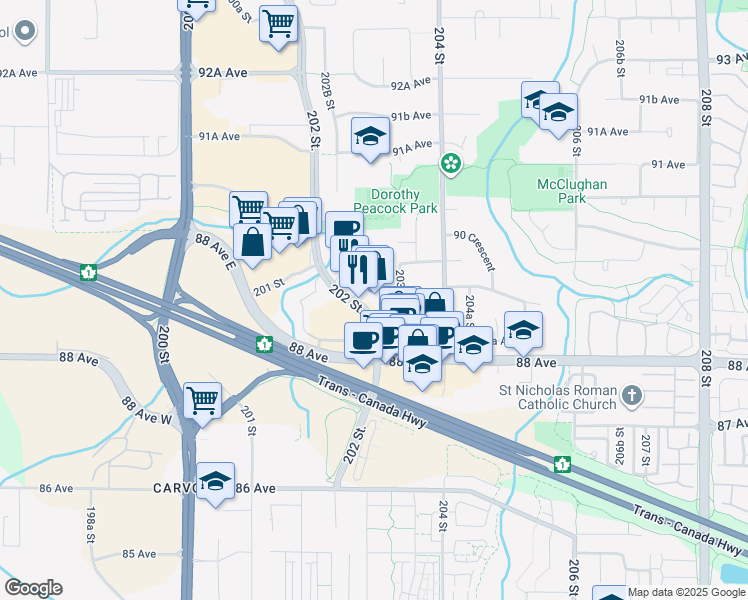 map of restaurants, bars, coffee shops, grocery stores, and more near 8880 202 Street in Langley Township