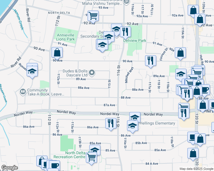 map of restaurants, bars, coffee shops, grocery stores, and more near 8869 115 Street in Delta
