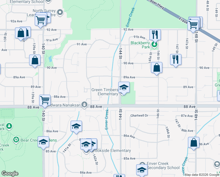 map of restaurants, bars, coffee shops, grocery stores, and more near 8881 143A Street in Surrey