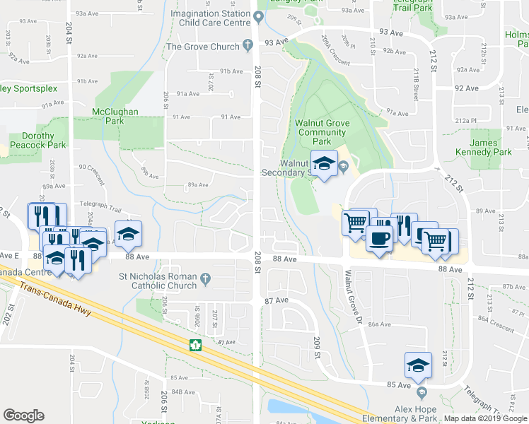 map of restaurants, bars, coffee shops, grocery stores, and more near 8892 208 Street in Langley