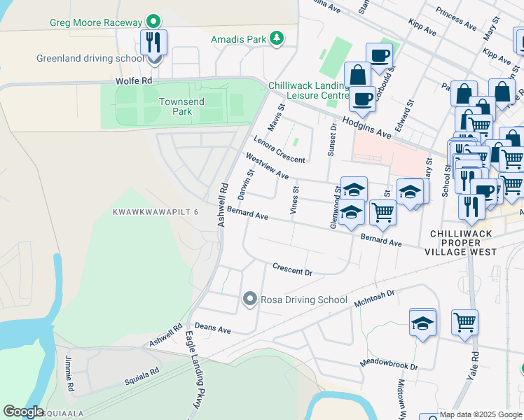 map of restaurants, bars, coffee shops, grocery stores, and more near 45295 Bernard Avenue in Chilliwack