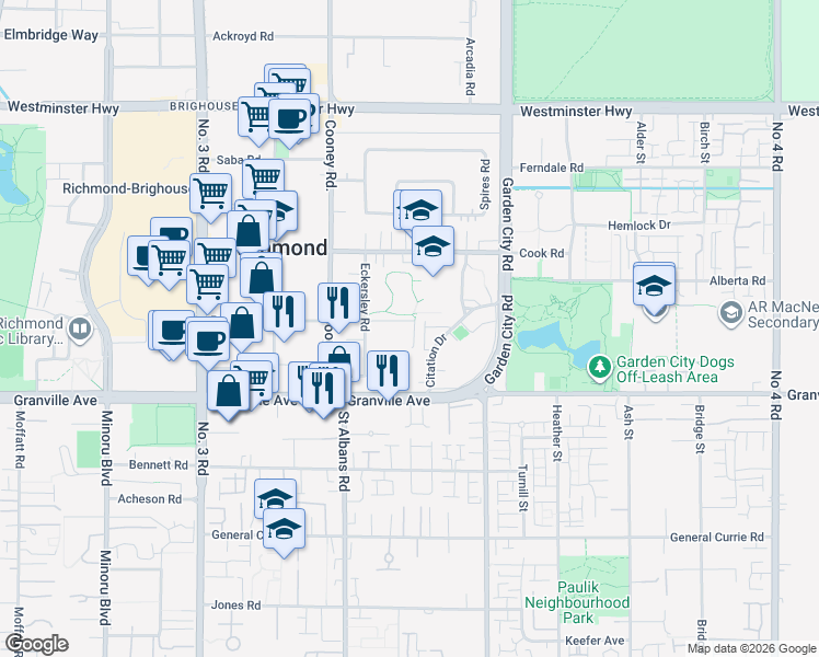 map of restaurants, bars, coffee shops, grocery stores, and more near in Richmond