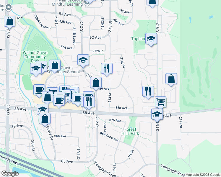 map of restaurants, bars, coffee shops, grocery stores, and more near 21350 89 Avenue in Langley