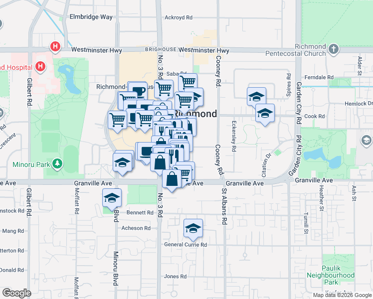 map of restaurants, bars, coffee shops, grocery stores, and more near 8119 Park Road in Richmond