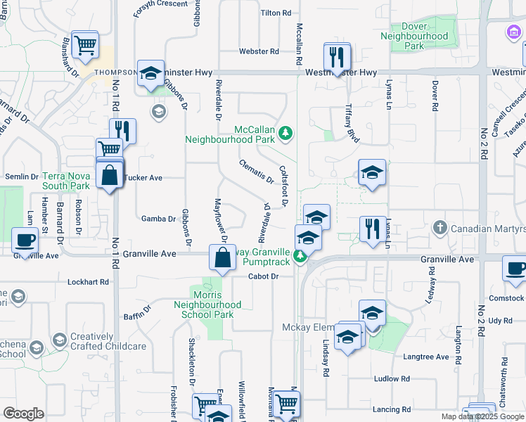 map of restaurants, bars, coffee shops, grocery stores, and more near 6751 Riverdale Drive in Richmond