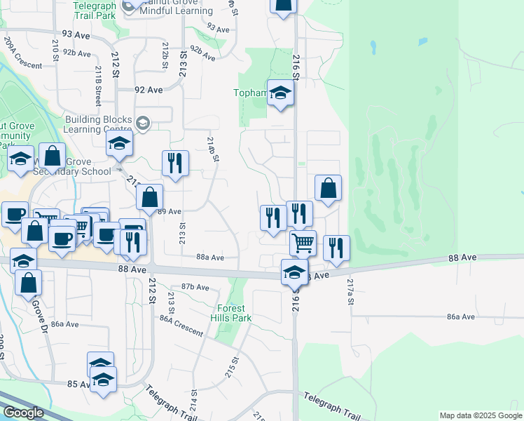 map of restaurants, bars, coffee shops, grocery stores, and more near 21579 88B Avenue in Langley Township