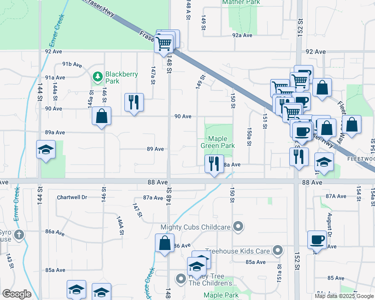 map of restaurants, bars, coffee shops, grocery stores, and more near 14860 89 Avenue in Surrey