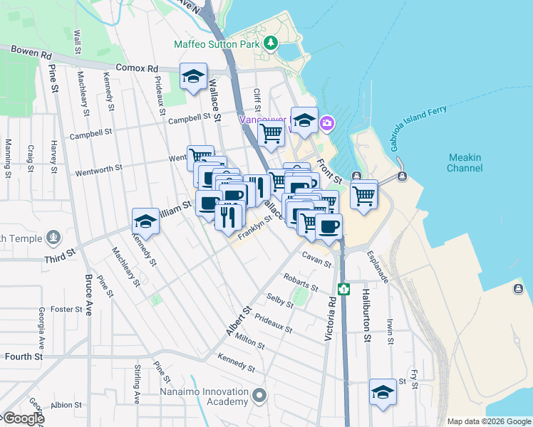 map of restaurants, bars, coffee shops, grocery stores, and more near 301 Franklyn Street in Nanaimo