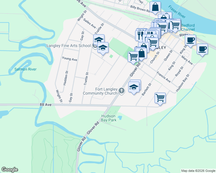map of restaurants, bars, coffee shops, grocery stores, and more near 8901 Mackie Street in Langley City