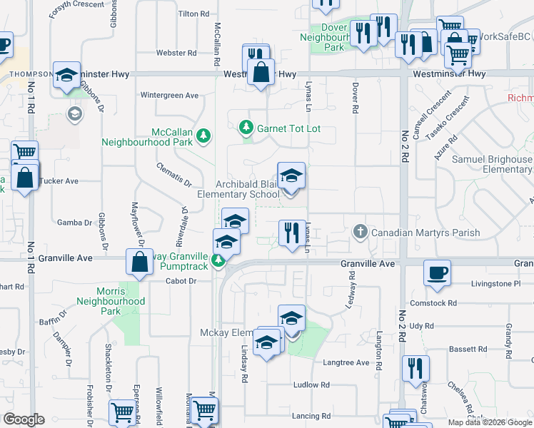 map of restaurants, bars, coffee shops, grocery stores, and more near 6655 Lynas Lane in Richmond
