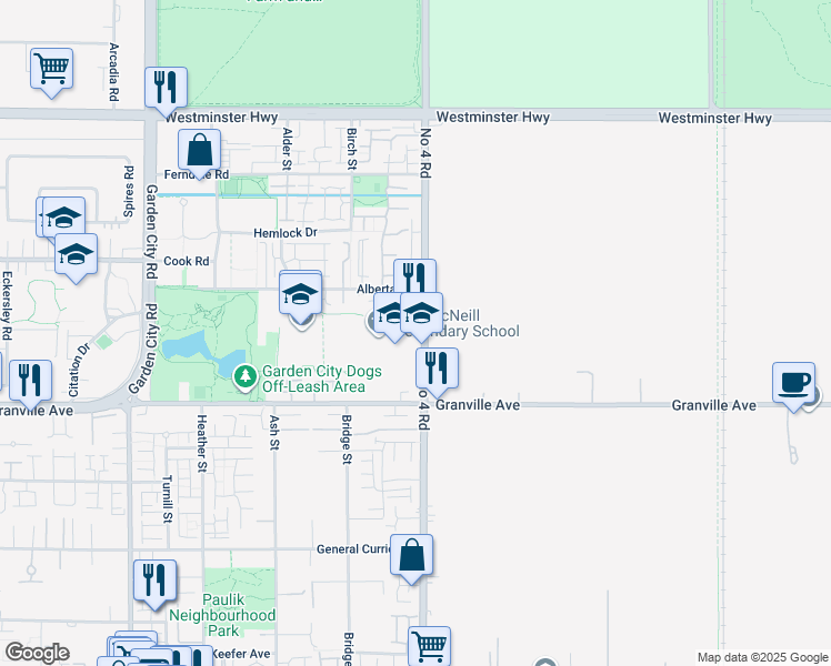 map of restaurants, bars, coffee shops, grocery stores, and more near 6571 Number 4 Road in Richmond