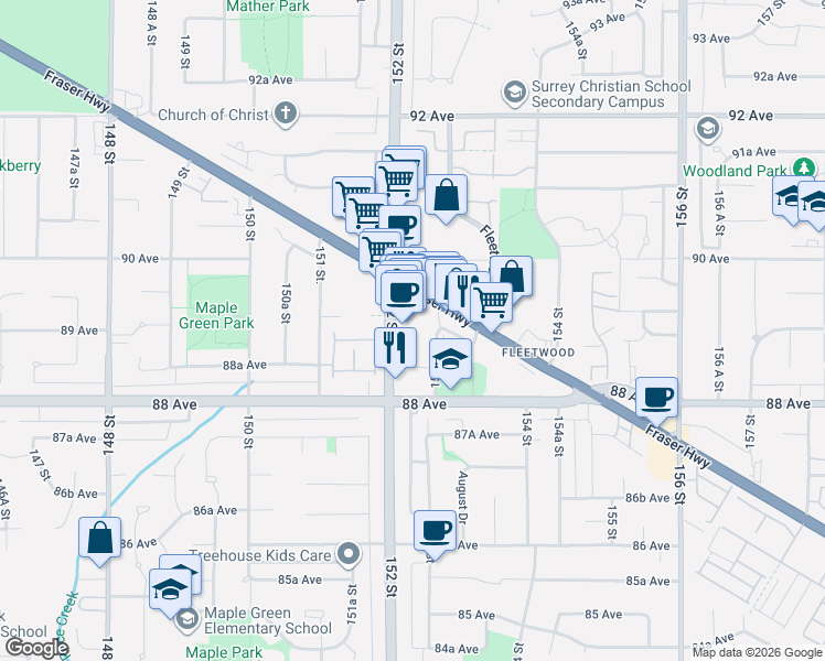 map of restaurants, bars, coffee shops, grocery stores, and more near 8900 152 Street in Surrey