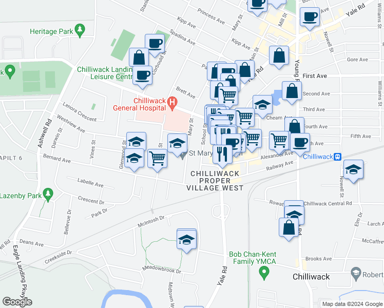 map of restaurants, bars, coffee shops, grocery stores, and more near 8934 Mary Street in Chilliwack