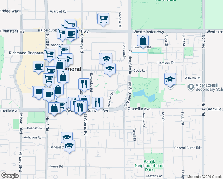 map of restaurants, bars, coffee shops, grocery stores, and more near 8575 Citation Drive in Richmond