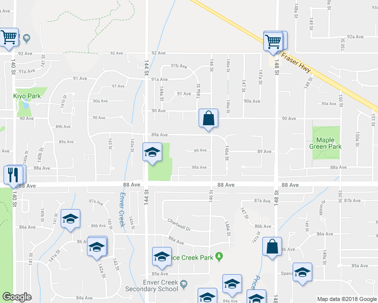map of restaurants, bars, coffee shops, grocery stores, and more near 14526 89 Avenue in Surrey