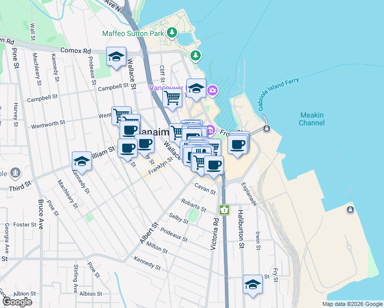 map of restaurants, bars, coffee shops, grocery stores, and more near in Nanaimo