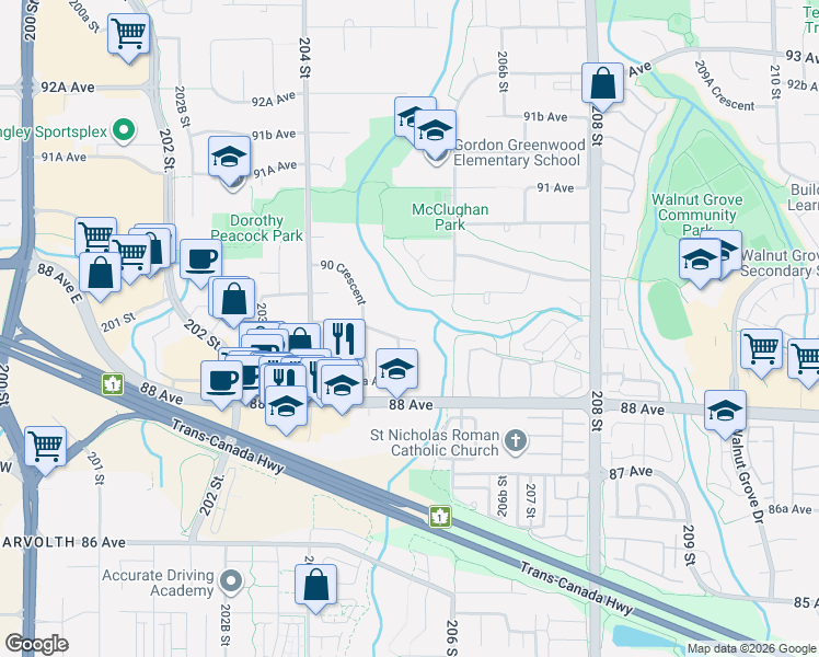 map of restaurants, bars, coffee shops, grocery stores, and more near 20519 Telegraph Trail in Langley Township