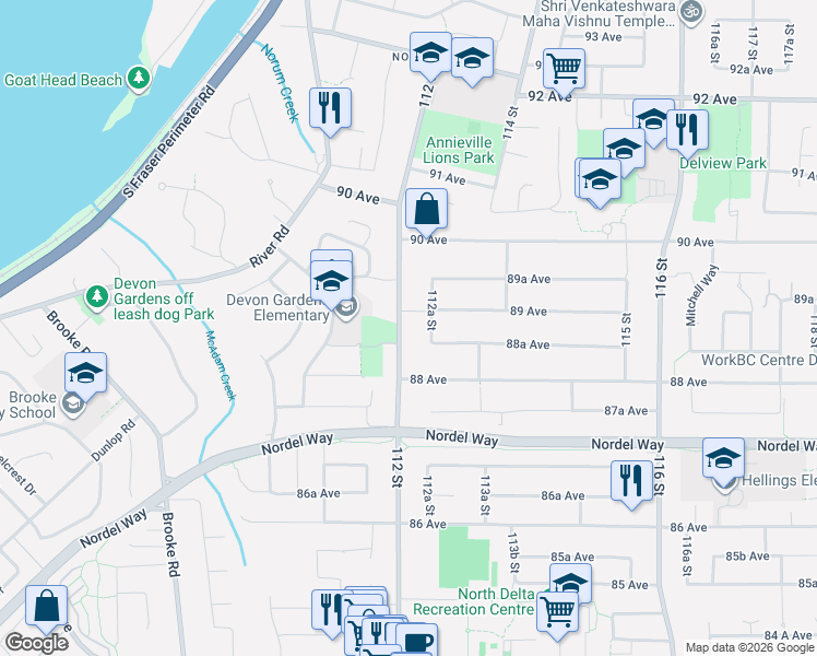 map of restaurants, bars, coffee shops, grocery stores, and more near 8868 112 Street in Delta