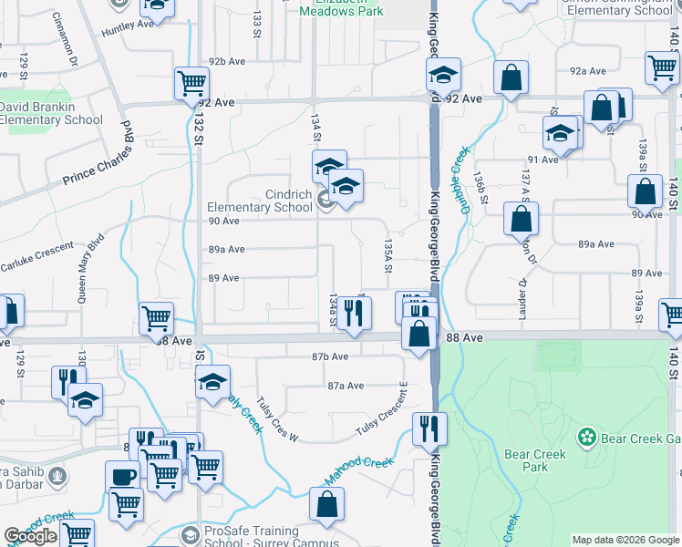 map of restaurants, bars, coffee shops, grocery stores, and more near 8906 134A Street in Surrey