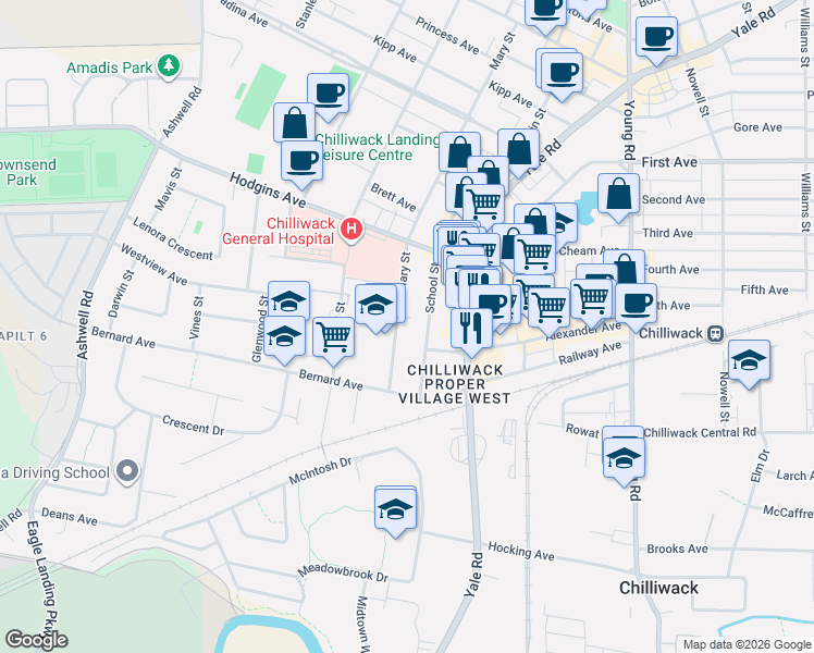 map of restaurants, bars, coffee shops, grocery stores, and more near 8890 Mary Street in Chilliwack