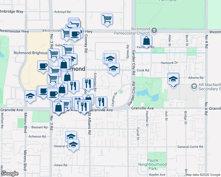 map of restaurants, bars, coffee shops, grocery stores, and more near 8555 Citation Drive in Richmond