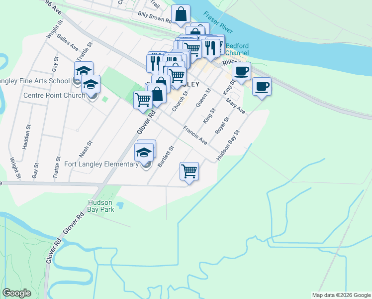 map of restaurants, bars, coffee shops, grocery stores, and more near 8997 McAllister Street in Langley Township